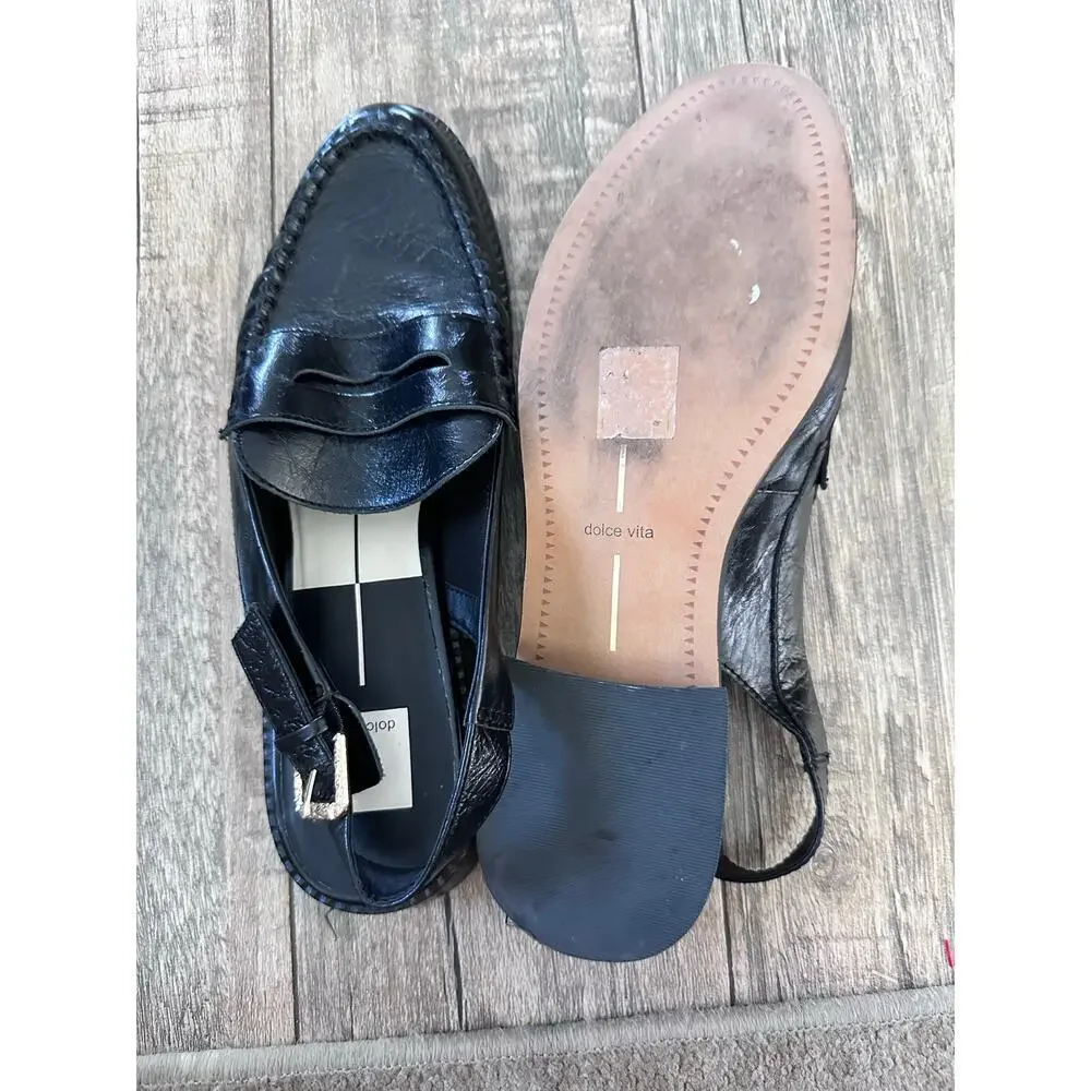Dolce Vita Women's Black Hardi Midnight Crinkle Patent Loafer Size 10